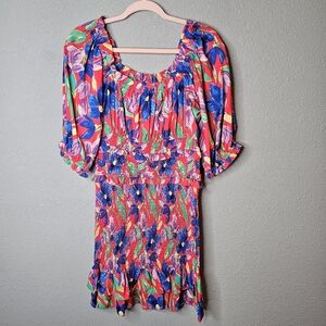 Skies Are Blue Dress Medium Red Blue‎ Floral Shirred Mini Puff Sleeve Bodycon